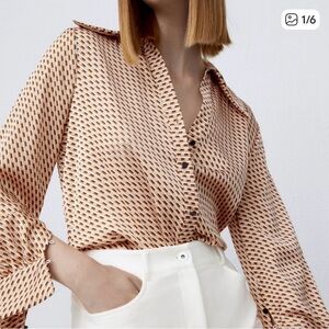 Zara‎ Geometric Print Satin Effect Blouse Shirt Long Sleeve
